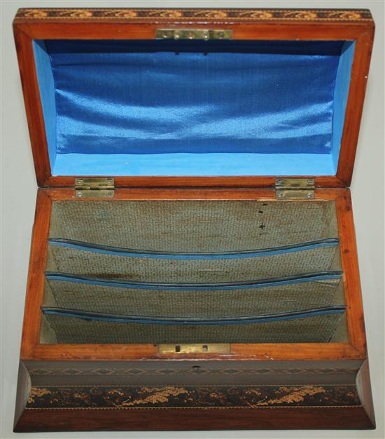 A Victorian rosewood and Tunbridge ware dome top stationery box, 10in.